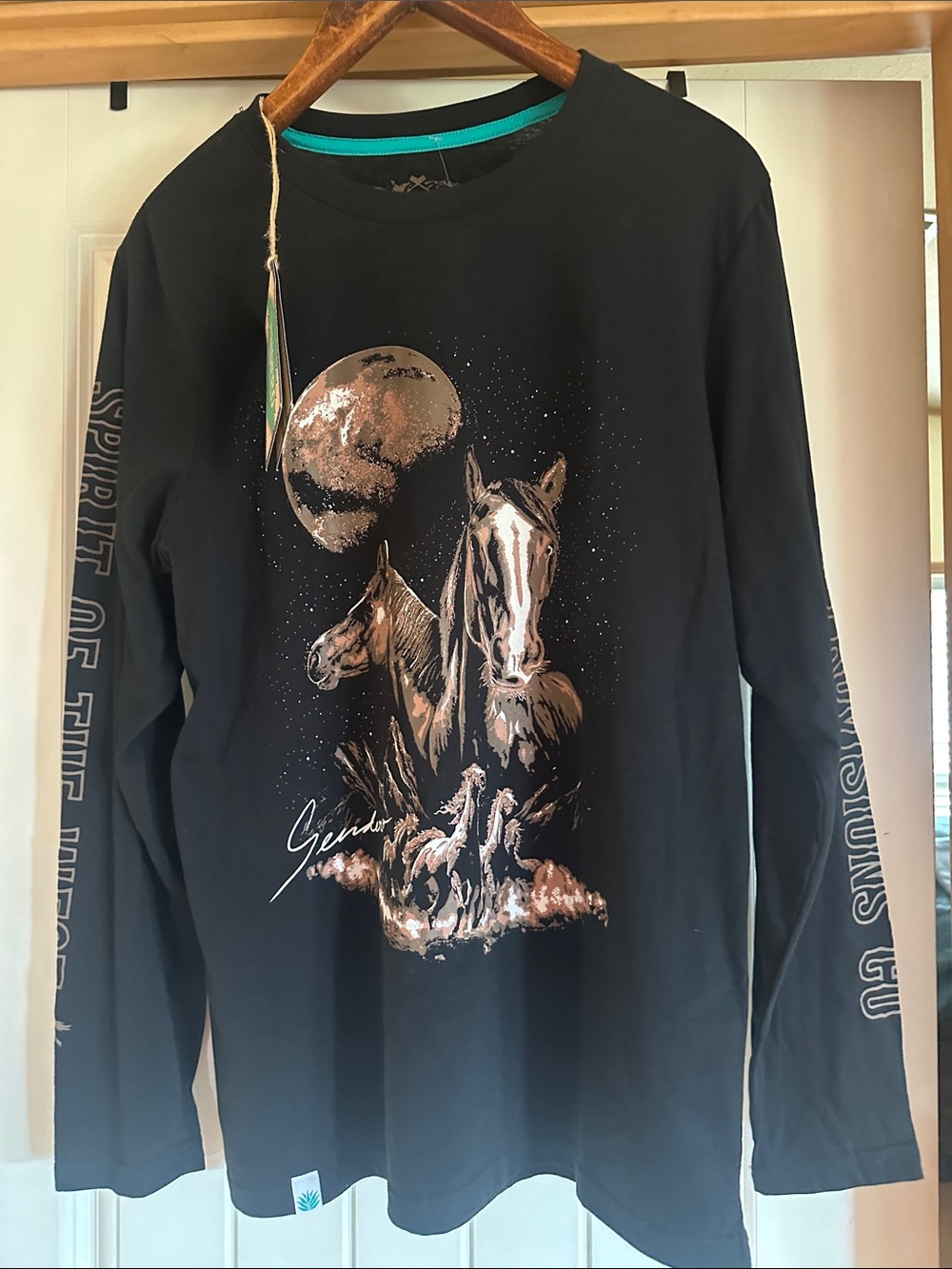 Black Long-Sleeve Graphic Tee with Horse & Moon Motif